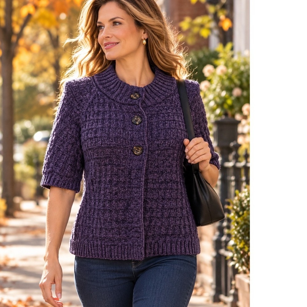 Sonoma cardigan sweater Basketweave SZ Large Knit Mock Neck Short Sleeve Button